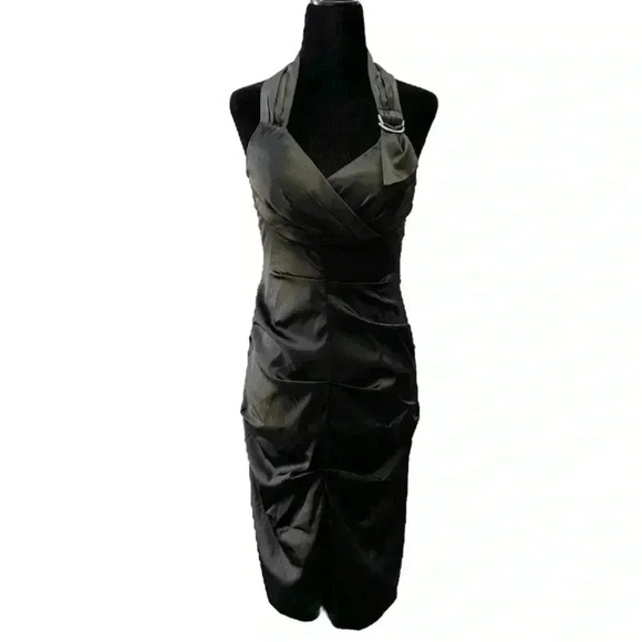 Le Chateau Cocktail Evening Dress Black Satin Halter Neck Bodycon Ruched Small - Picture 1 of 16